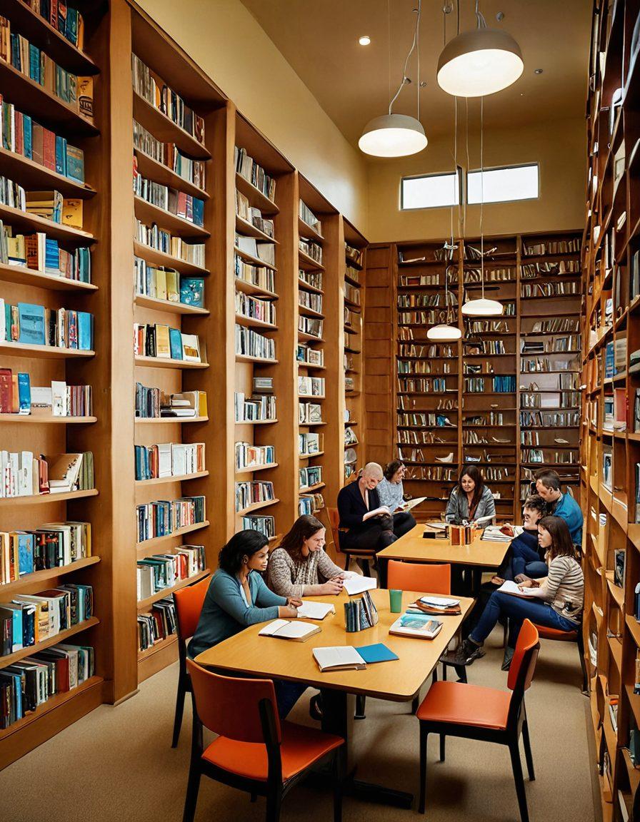 A cozy, well-lit library with tall bookshelves filled with diverse book genres. In the foreground, happy readers engaged in a lively discussion around a table with scattered books, some fiction and non-fiction titles visible. A large board on the wall with colorful review notes and book recommendations. Super-realistic. Warm, inviting colors.