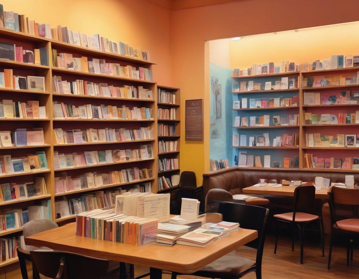 A cozy, inviting coffee shop setting with a group of diverse, enthusiastic people engaged in animated literary discussions, surrounded by stacks of colorful books and a billboard featuring famous authors. The scene includes a bookshelf with book recommendation cards and a small table with a microphone for author interviews. pastel colors. whimsical illustrations. warm lighting.