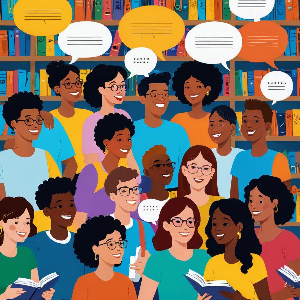 A cozy online community of diverse book lovers engaged in lively discussions, surrounded by an array of bookshelves and stacks of books, with speech bubbles indicating reviews and recommendations. Detailed facial expressions show excitement and camaraderie. Vibrant colors, slight cartoon style, warm and inviting tones.